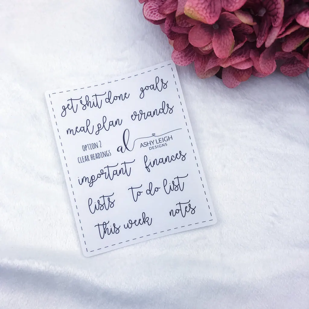 Clear Heading Stickers - Option 2 Cursive - Ready to Ship