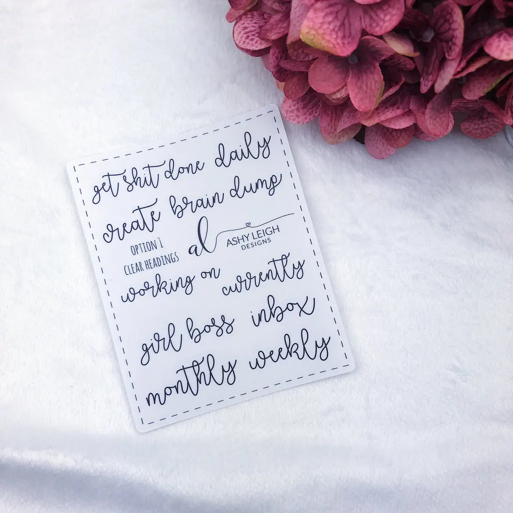 Clear Heading Stickers - Option 1 Cursive - Ready to Ship