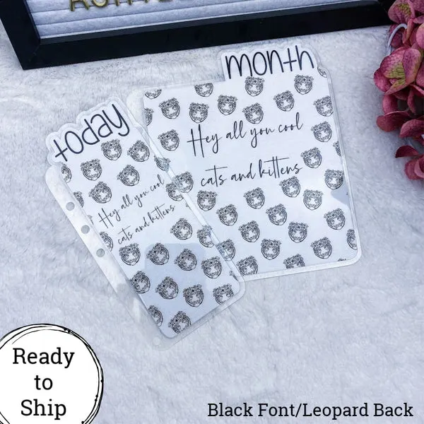 A5 Rings Black Front/Leopard Back Cool Cats and Kittens Planner Tab Set - Ready to Ship