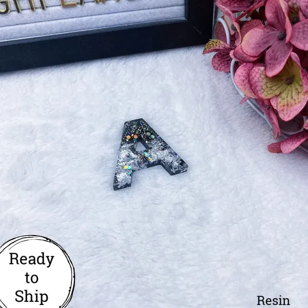 Resin Letter A Black with Silver Glitter & Foil - Ready to Ship