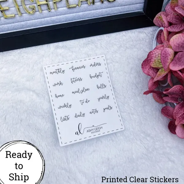 Clear Mini Heading Stickers - Cursive - Ready to Ship