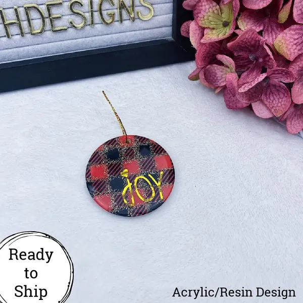 Joy Red & Gold Plaid Ornament - Ready to Ship