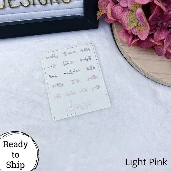 Light Pink Foiled Clear Mini Heading Stickers - Cursive - Ready to Ship