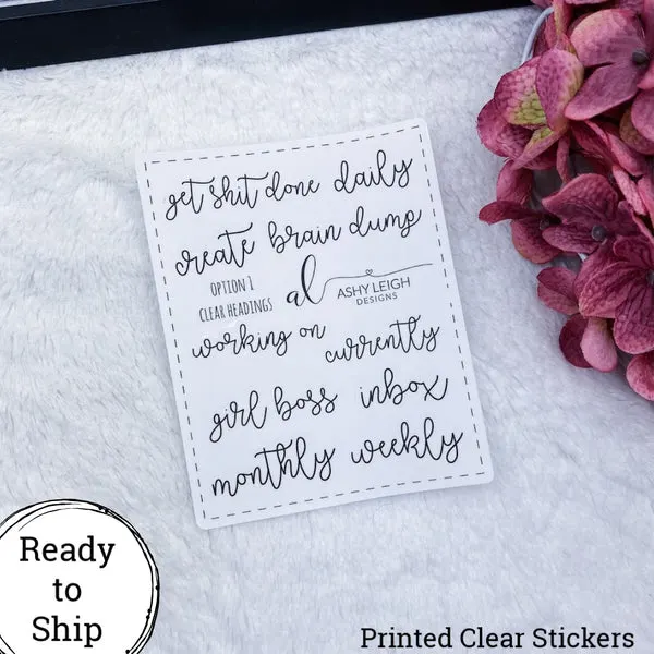 Clear Heading Stickers - Option 1 Cursive - Ready to Ship