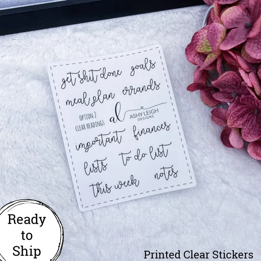 Clear Heading Stickers - Option 2 Cursive - Ready to Ship