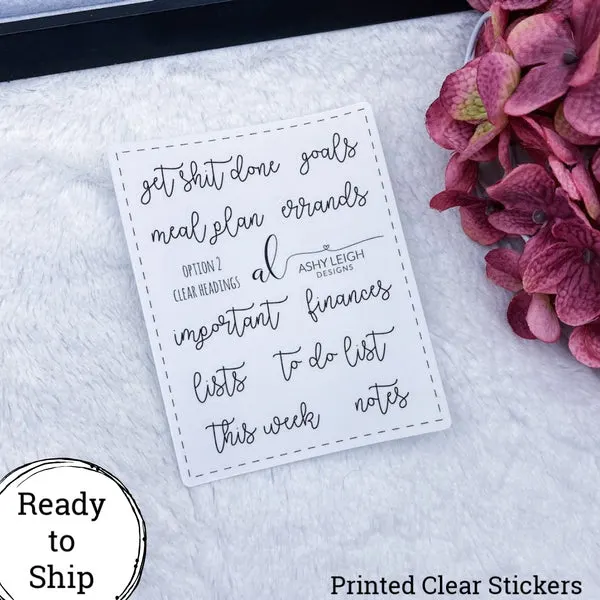 Clear Heading Stickers - Option 2 Cursive - Ready to Ship